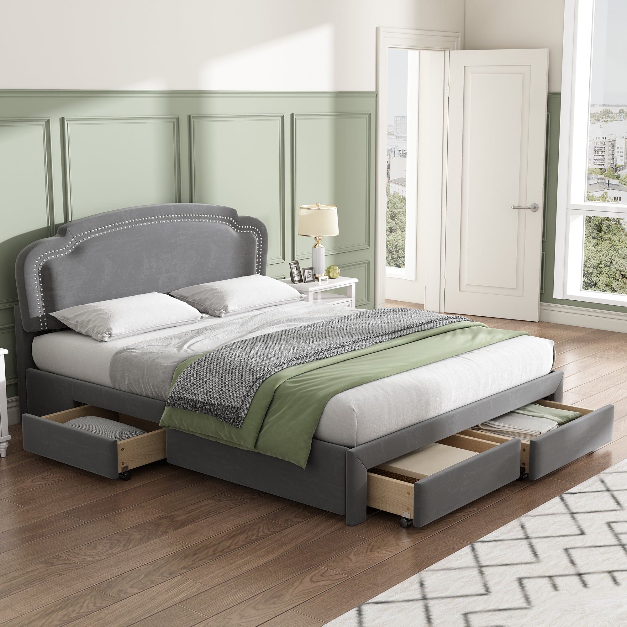 Samt Polsterbett, Europäisches Bett,Doppelbett, einfaches europäisches Kopfteil, 4 Schubladen, 140 x 200, grau