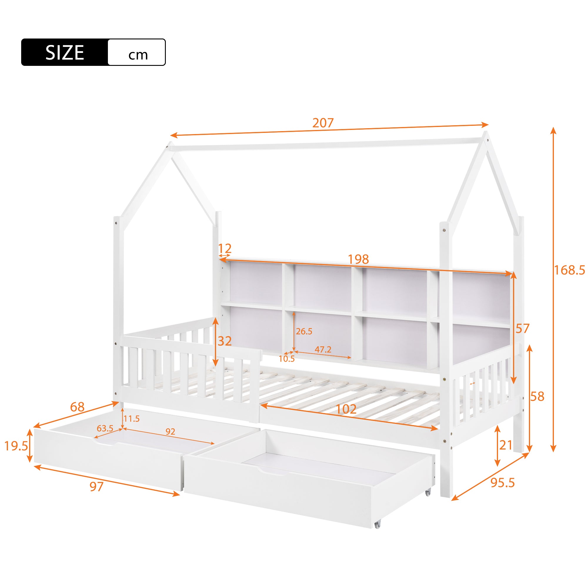 Hausbett Kinderbett mit Mehrzweck-Bücherregal-Speichergitter-Kabinett Ablageregal und zwei große Schubladen mit Stauraum und Kaminform 90x200 Weiß
