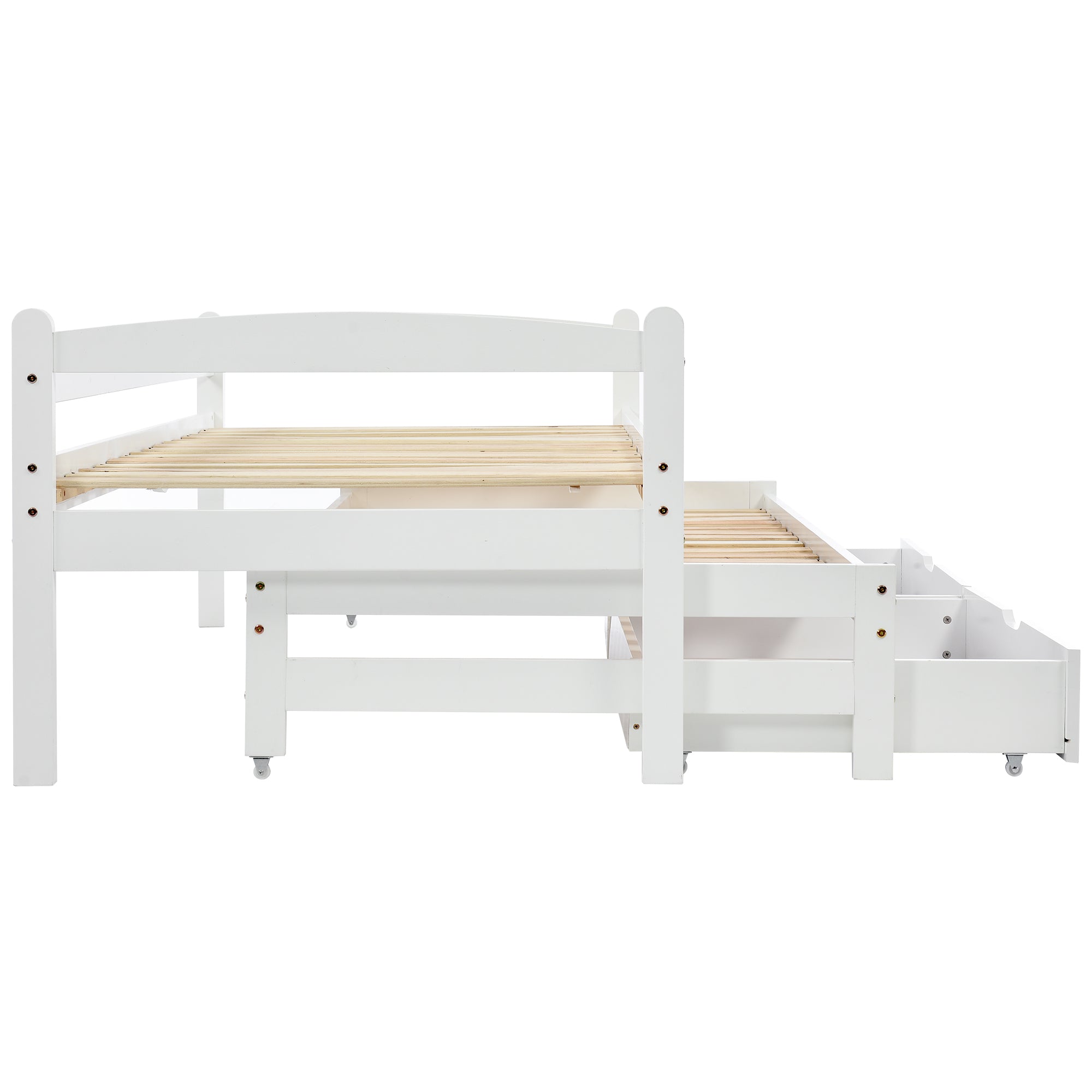 Tagesbett, Einzel- und Doppelbett, Schiebebett mit Rollen unten, mit 2 MDF-Schubladen, Massivholzrahmen, weiß (200x90cm/190x90cm)