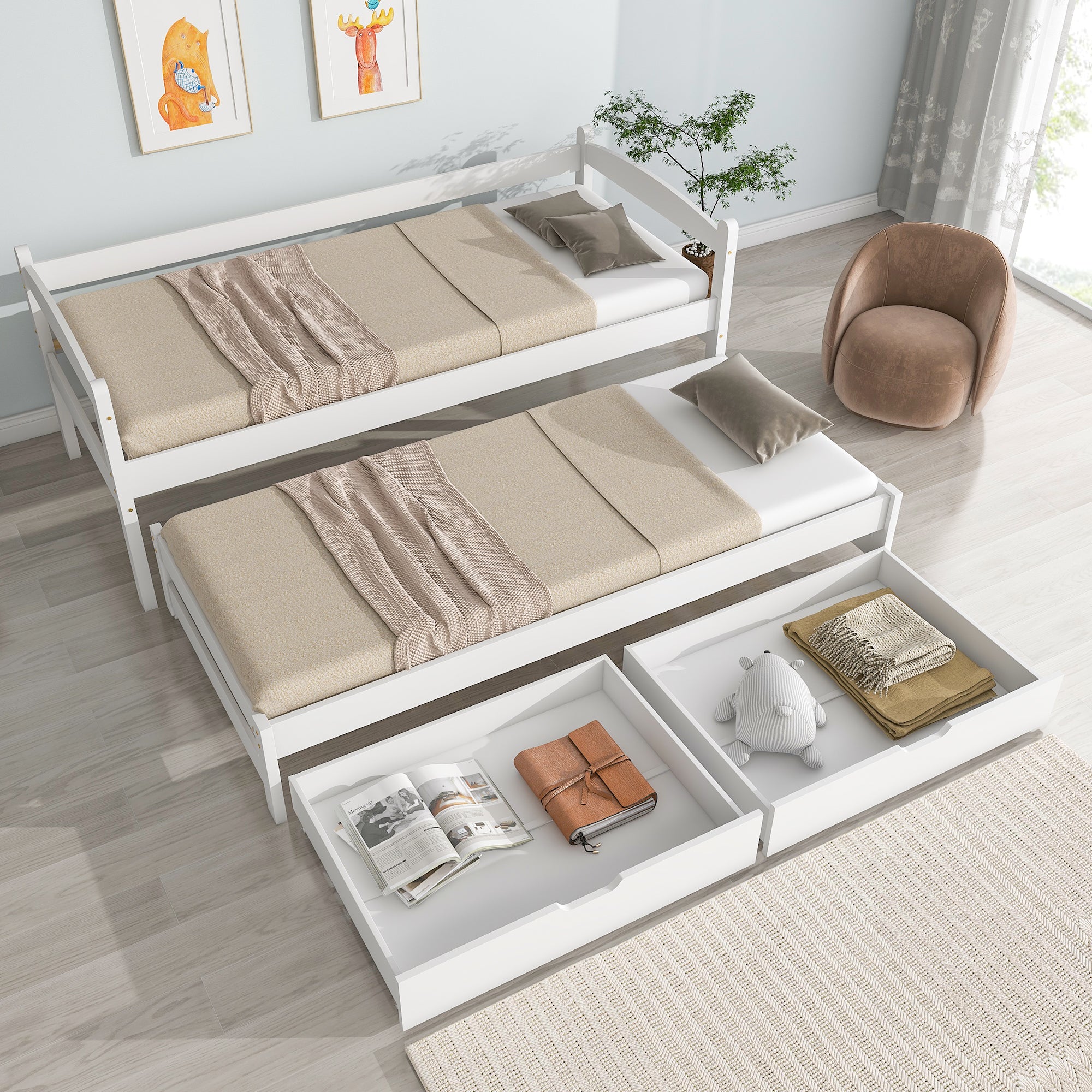 Tagesbett, Einzel- und Doppelbett, Schiebebett mit Rollen unten, mit 2 MDF-Schubladen, Massivholzrahmen, weiß (200x90cm/190x90cm)
