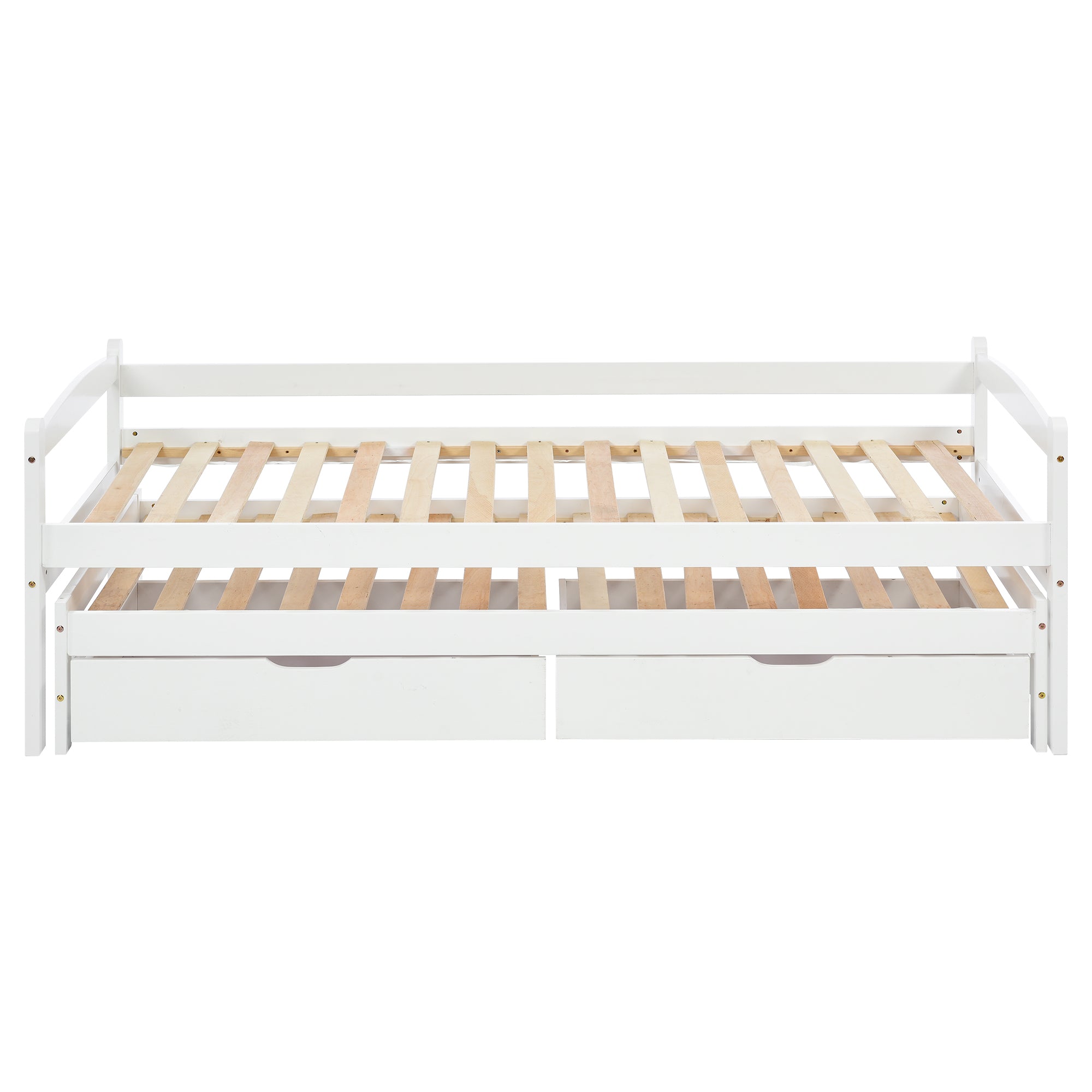 Tagesbett, Einzel- und Doppelbett, Schiebebett mit Rollen unten, mit 2 MDF-Schubladen, Massivholzrahmen, weiß (200x90cm/190x90cm)