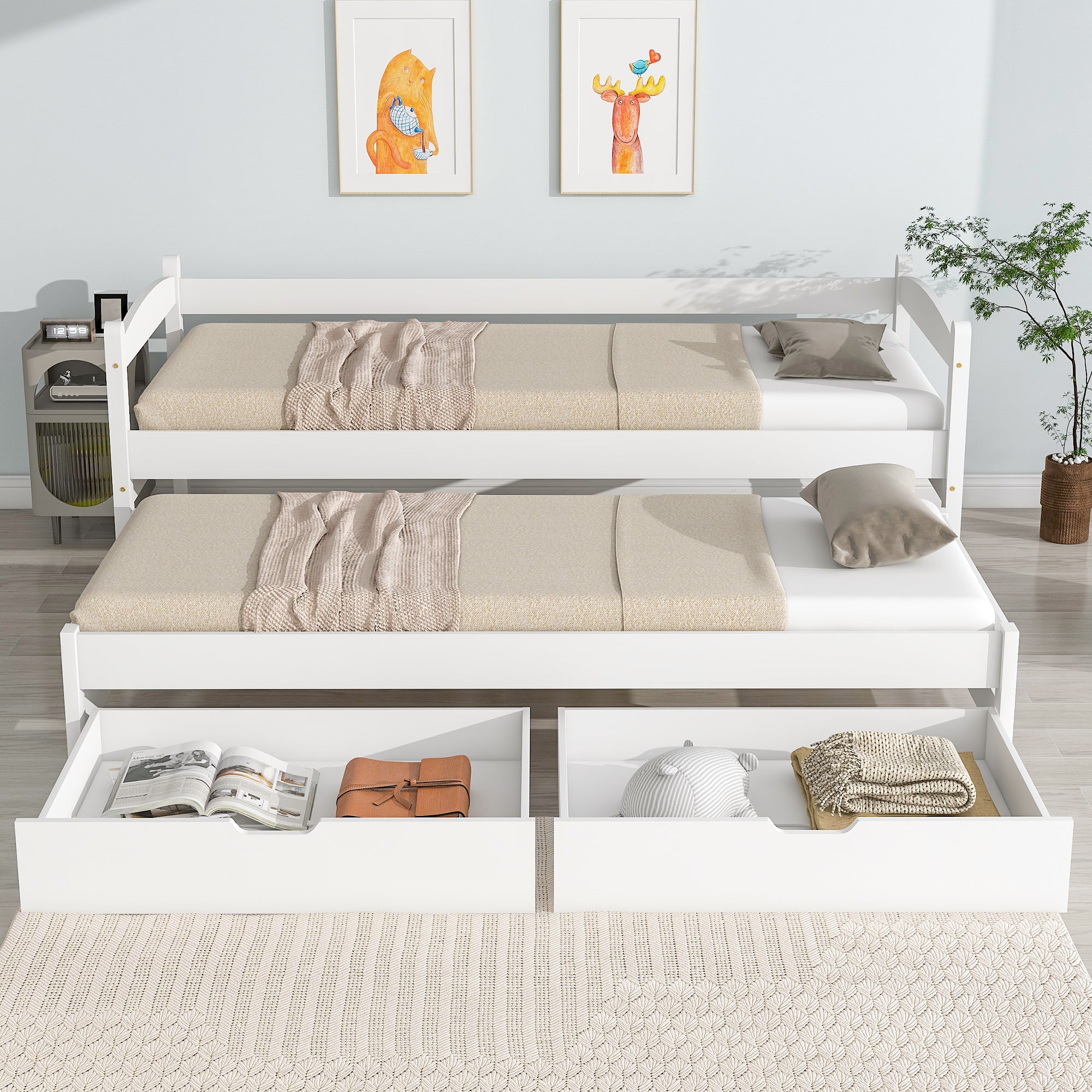 Tagesbett, Einzel- und Doppelbett, Schiebebett mit Rollen unten, mit 2 MDF-Schubladen, Massivholzrahmen, weiß (200x90cm/190x90cm)