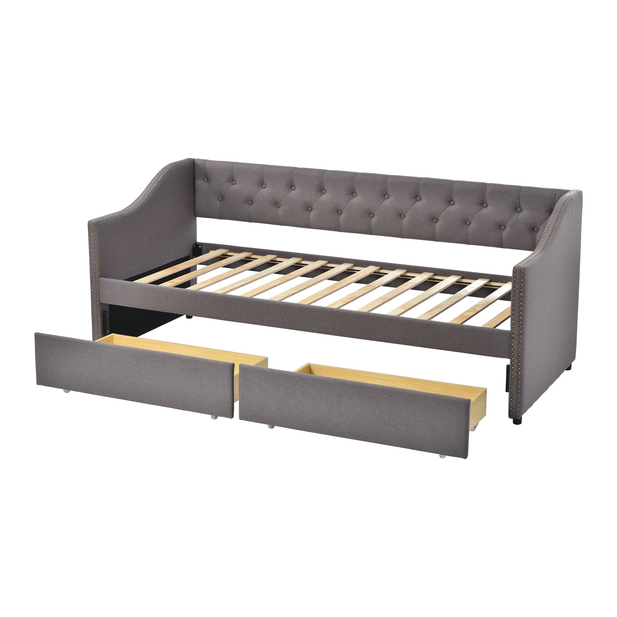 Polsterbett Kinderbett 90x200, Schlafsofa mit zwei herausnehmbaren Schubladen, strapazierfähiger Leinenstoff Tagesbett Grau
