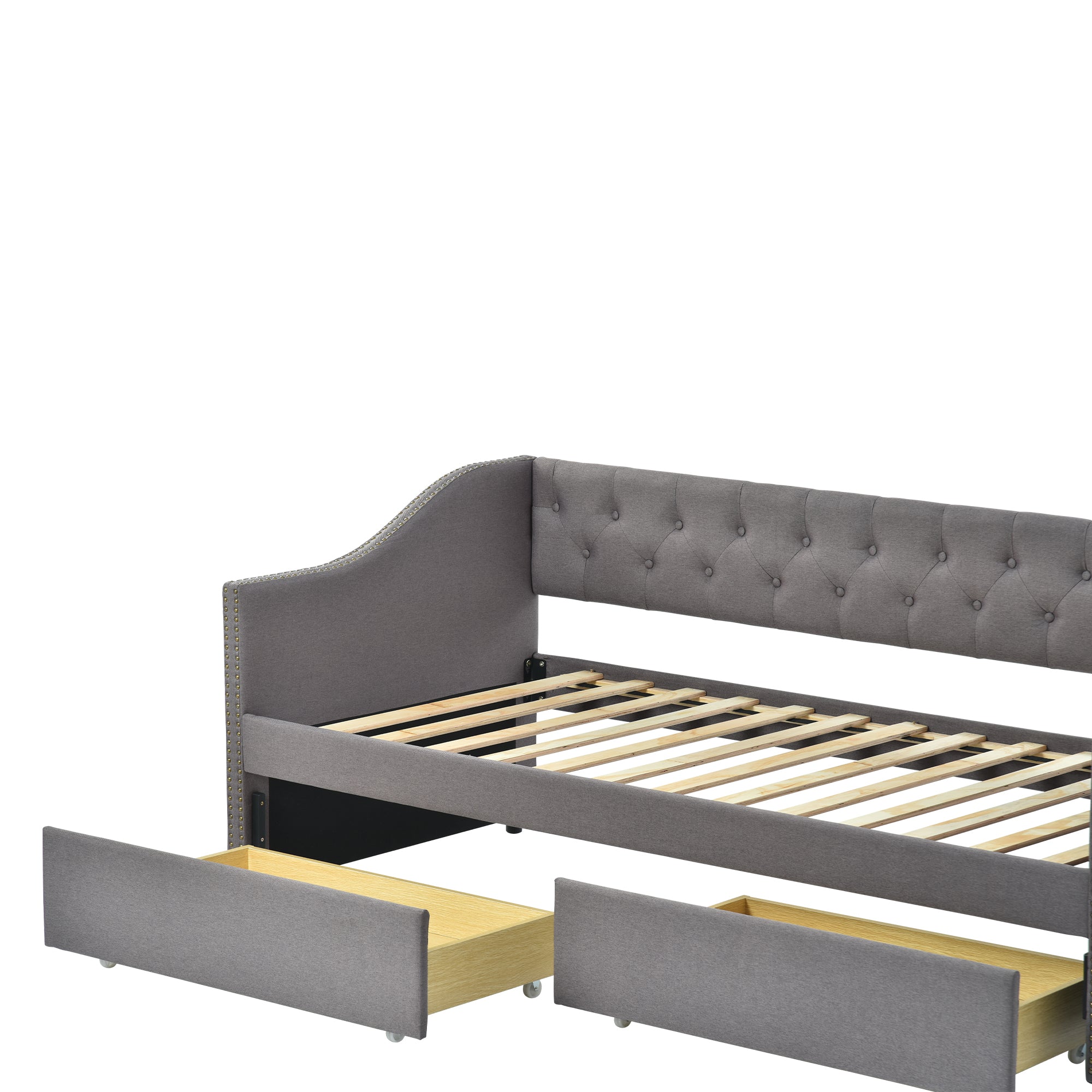 Polsterbett Kinderbett 90x200, Schlafsofa mit zwei herausnehmbaren Schubladen, strapazierfähiger Leinenstoff Tagesbett Grau