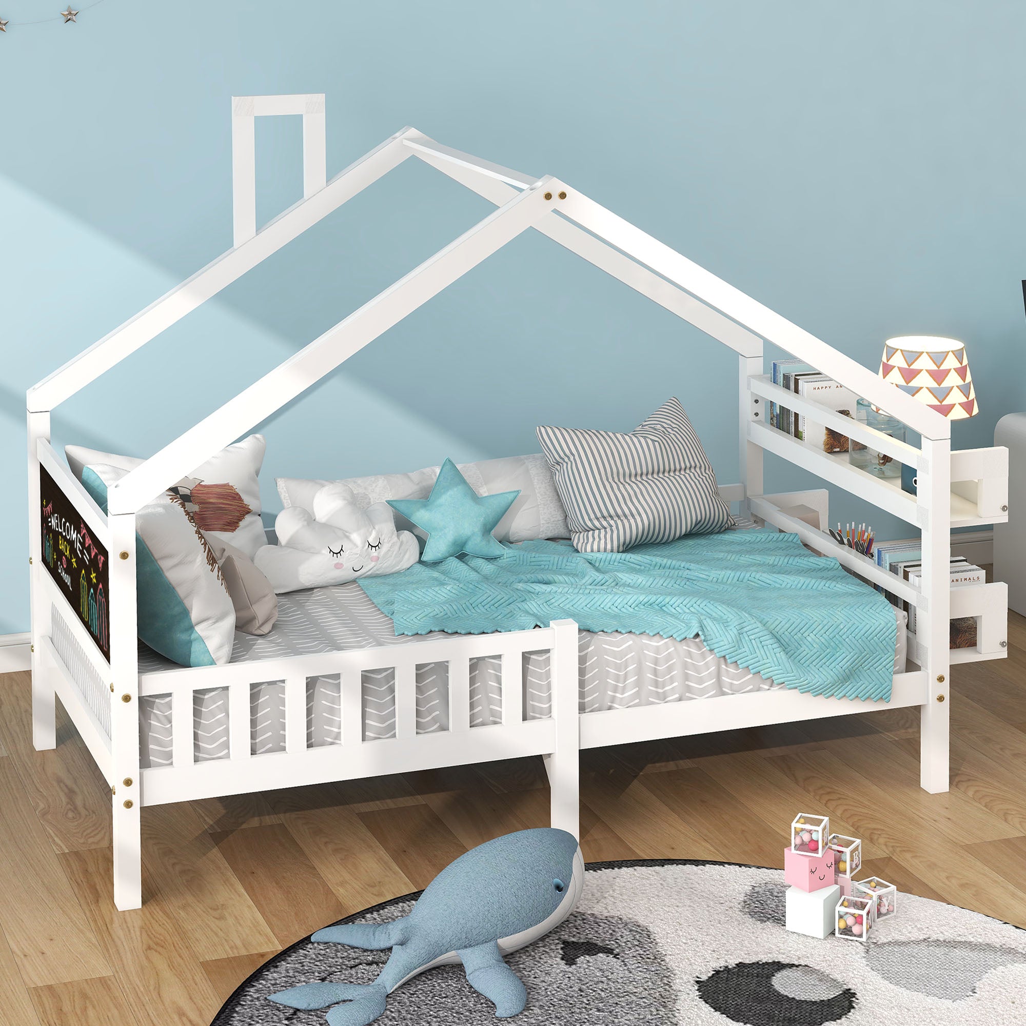 Bett 90x200 mit Lattenrost und Schublade Kinder Bett Jugendbett MassivholzBett mit Kopfteil Einzelbett Bettgestell （Weiß）