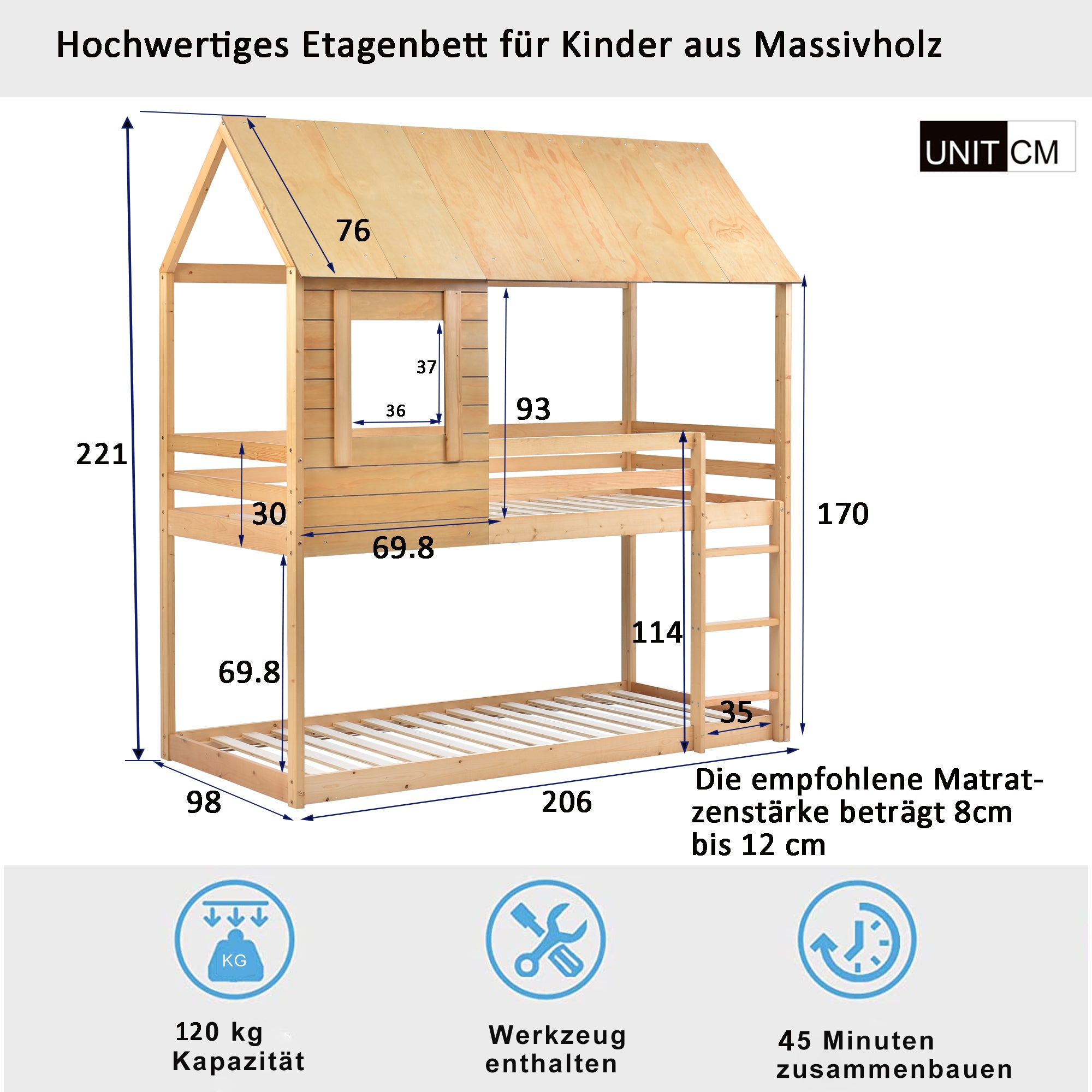 Kinderbett Holz Etagenbett 90 X 200 cm, Kinder hausbett mit Dach, Leiter und Lattenrost Eichenfarbe