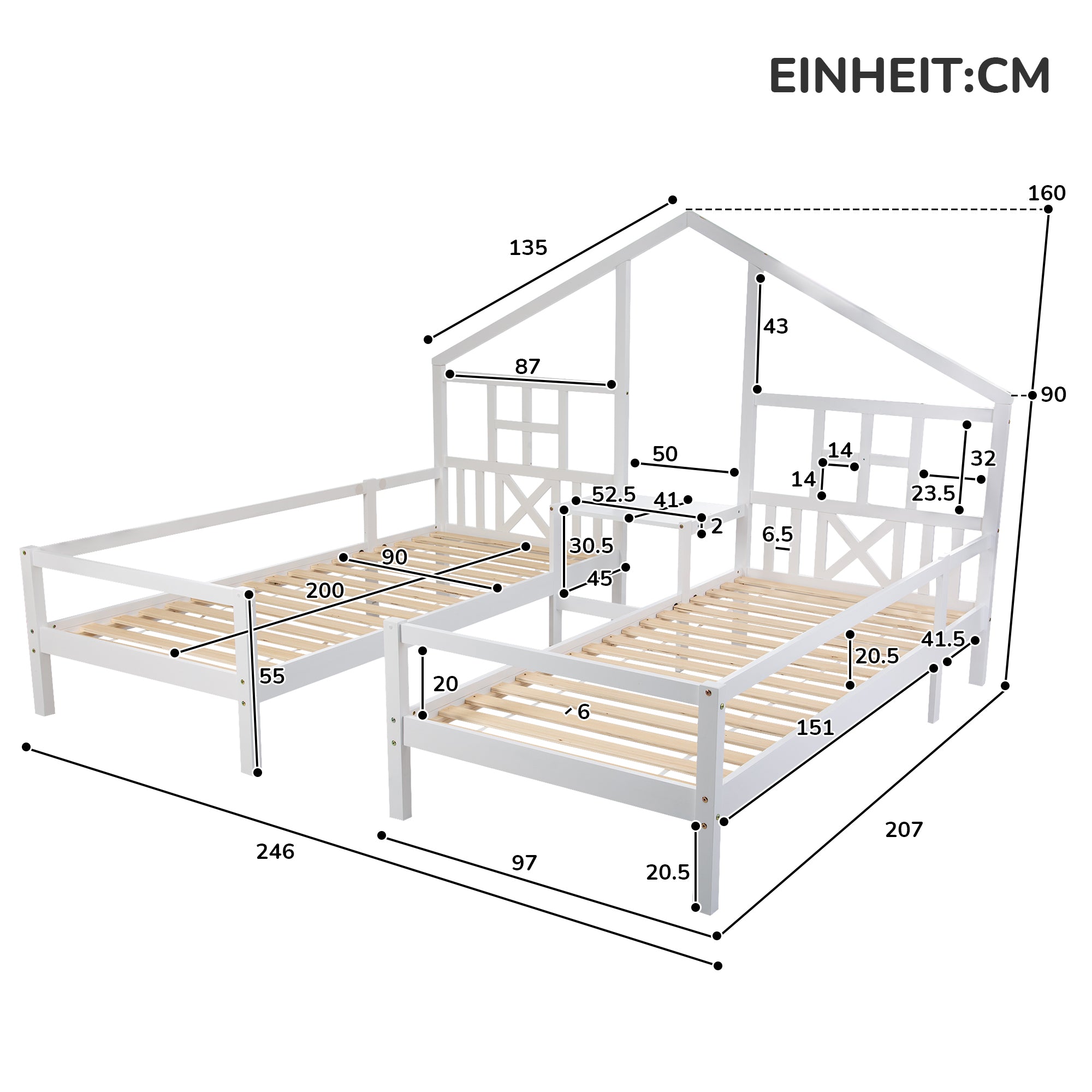 Hausbett, Doppelbett, Kinderbett mit Tisch, Rahmen aus Kiefernholz, weiß (90x200cm*2)