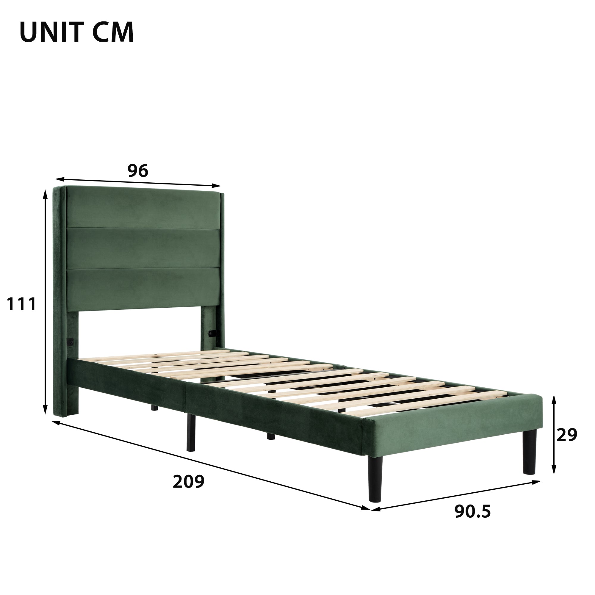 Polsterbett 90 x 200 cm, Bettgestell mit Lattenrost & Kopfteil, gepolstertes Doppelbett, Textilbezug Samt in Dunkelgrün, Zeitloses modernes Design, Jugendbett