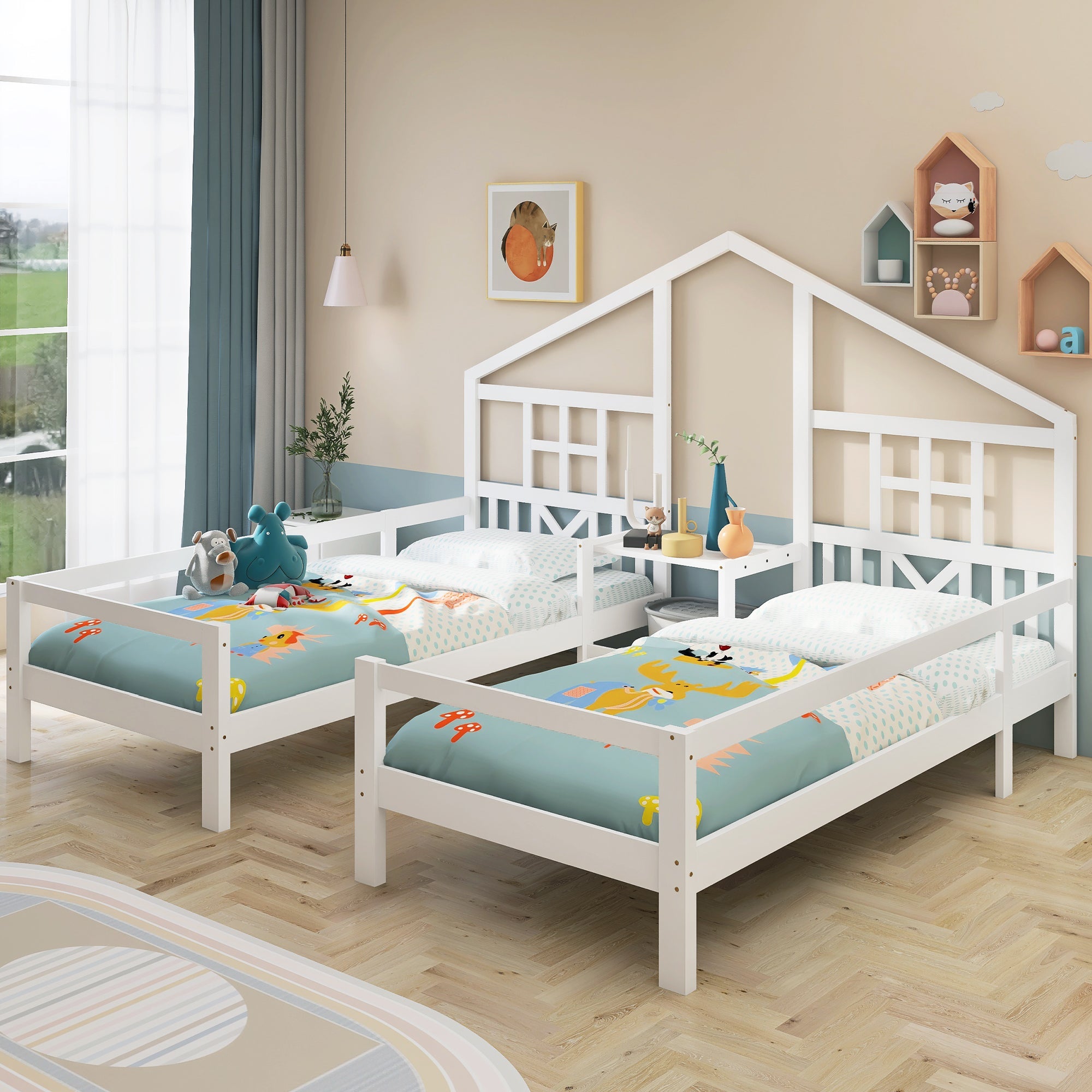 Hausbett, Doppelbett, Kinderbett mit Tisch, Rahmen aus Kiefernholz, weiß (90x200cm*2)