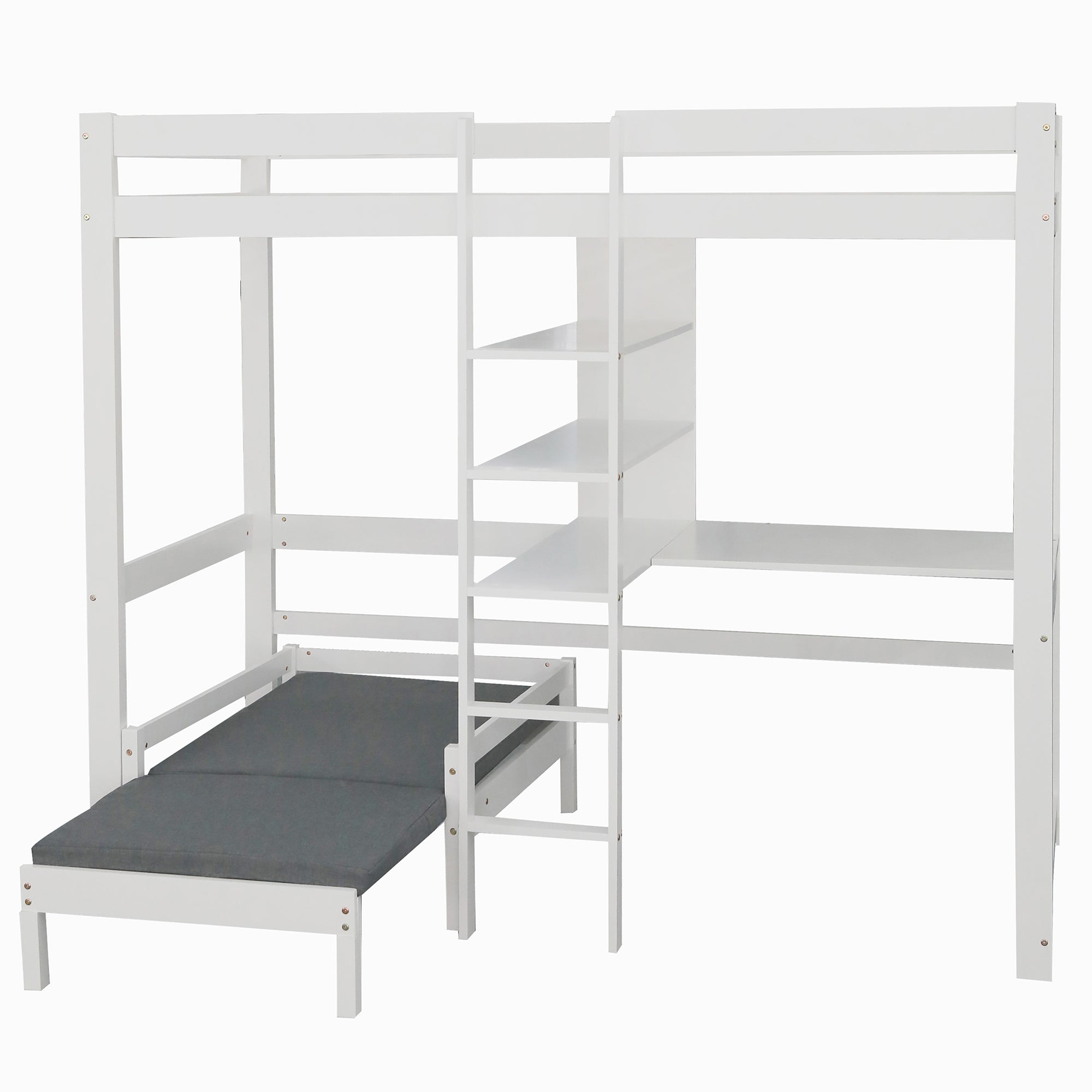 Umbaubares Hochbett mit L-förmigem Schreibtisch, Etagenbett in Einzelgröße mit Regalen und Leiter, weiß