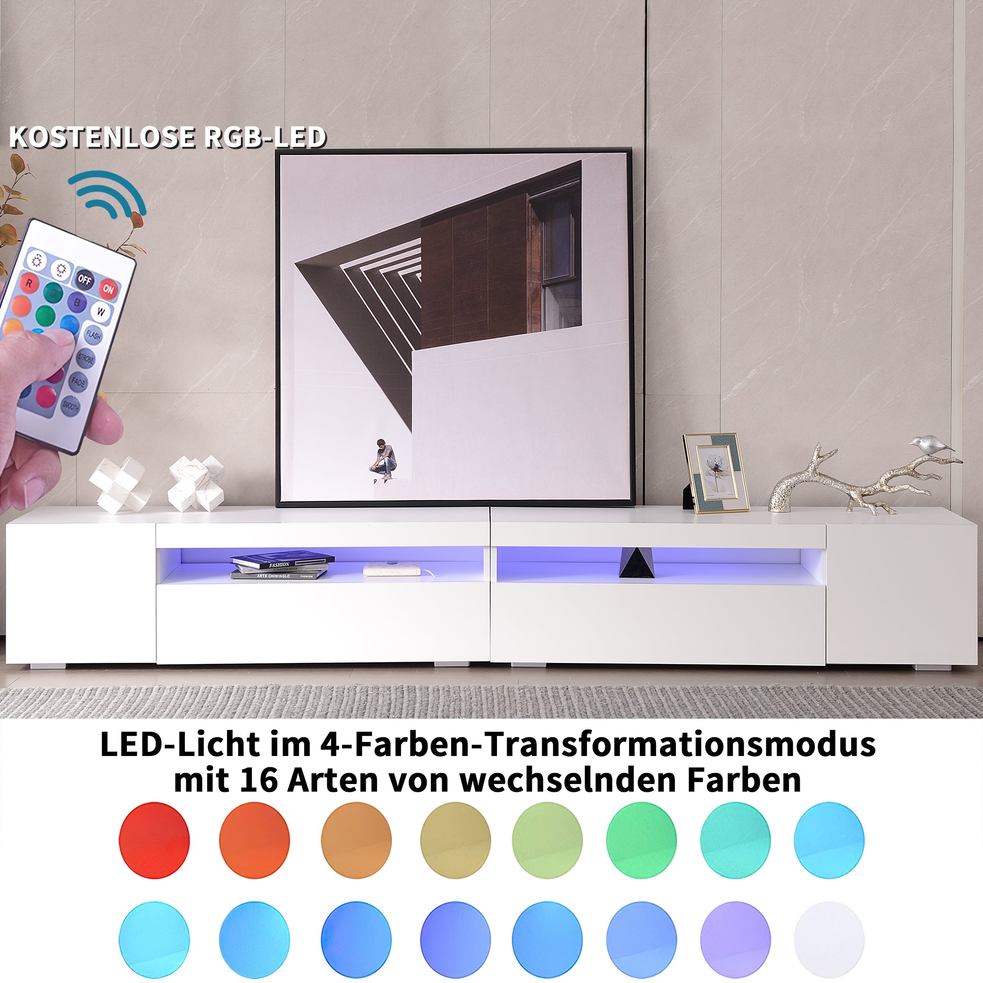 Weißer moderner TV-Schrank, helles Panel, variable LED-Beleuchtung, Wohn- und Esszimmer 240cm