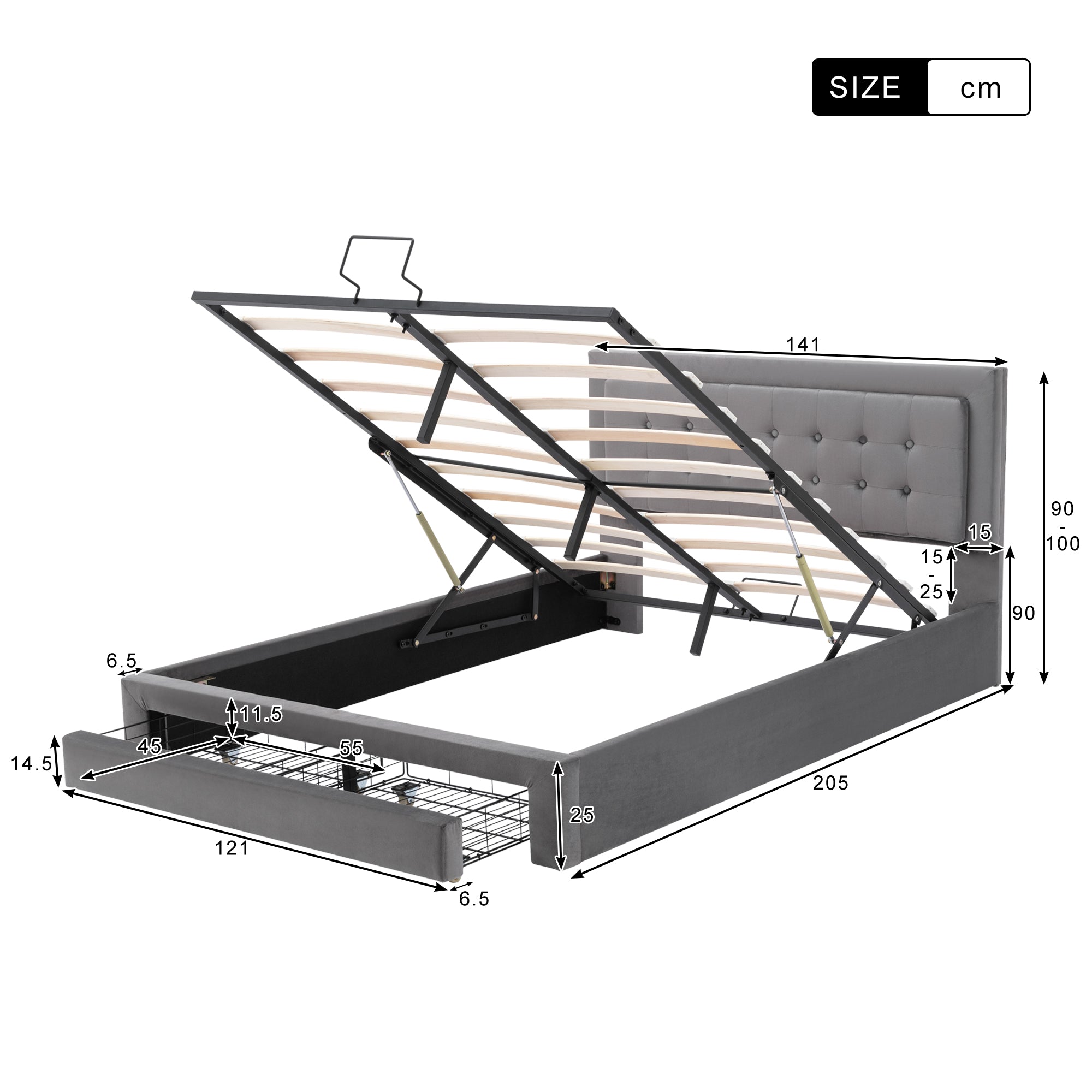 Bett mit Kasten und Schubladen, Samtstoff, Polsterbett, Lattenrost, Doppelbett, großer Stauraum（140 x 200, Grau）