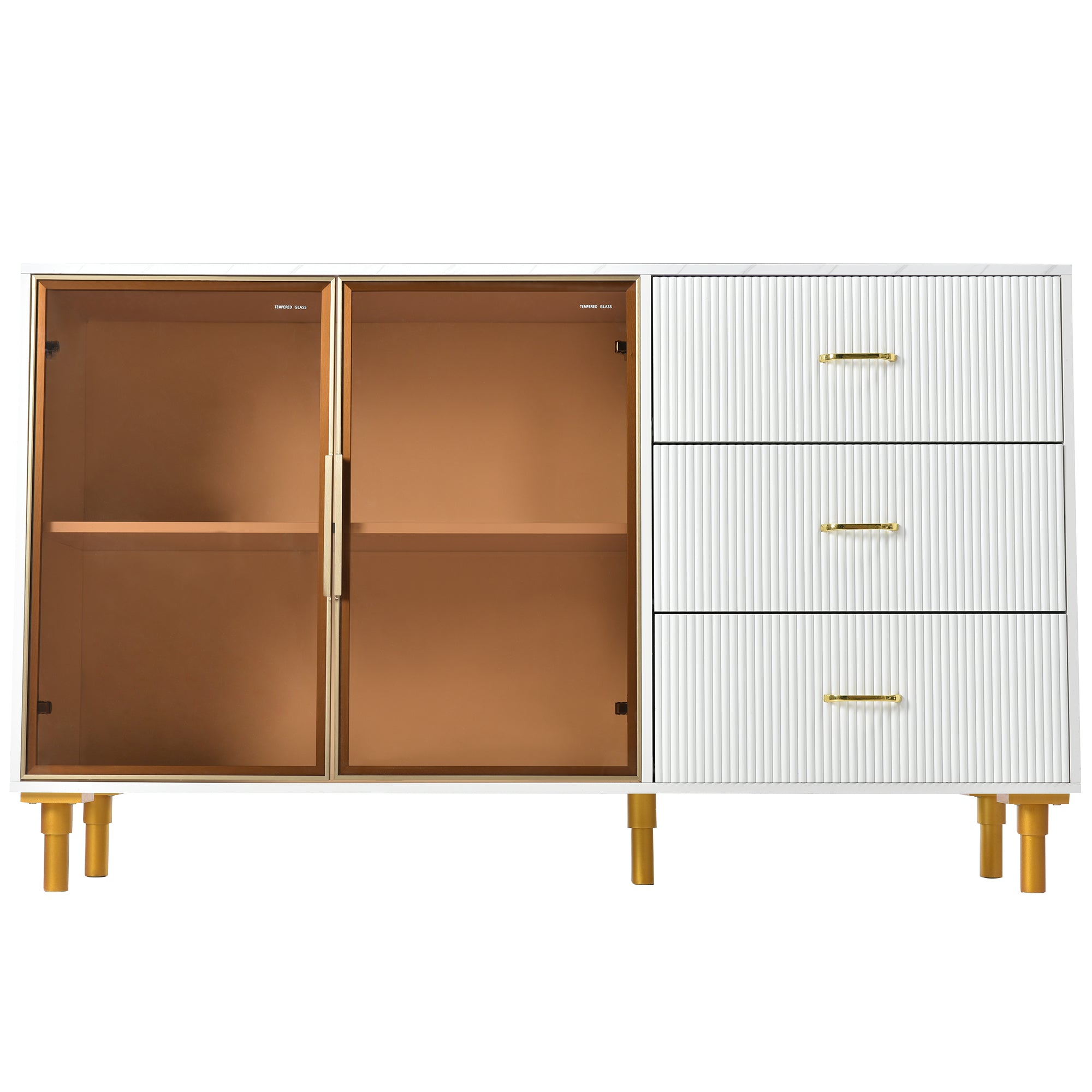 Sideboard in Marmoroptik, MDF Tischplatte Braune Glastüren Goldene Griffe, mit 2 Fächern und 3 Schubladen, Moderne Kommode Beistellschrank Wohnzimmer Schlafzimmer, 150.2*40.1*89.2cm.