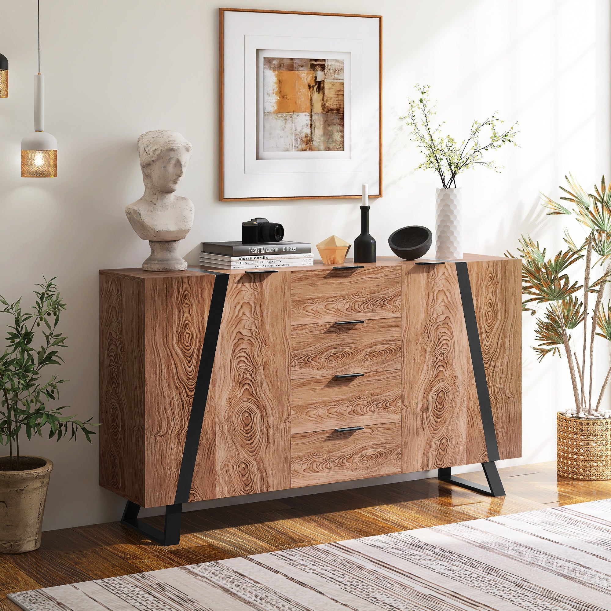 Sideboard mit Holzmuster, Spanplatte Oberfläche Schwarzer Siebdruck, mit 2 Türen 4 Schubladen 6 Griffen, Moderne Kommode Beistellschrank Wohnzimmer Schlafzimmer, 160*35*85cm