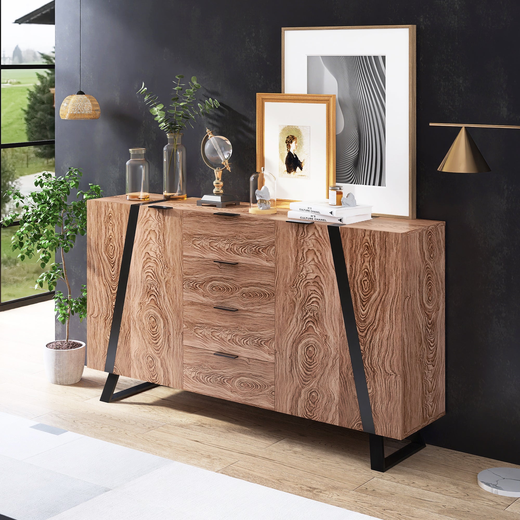 Sideboard mit Holzmuster, Spanplatte Oberfläche Schwarzer Siebdruck, mit 2 Türen 4 Schubladen 6 Griffen, Moderne Kommode Beistellschrank Wohnzimmer Schlafzimmer, 160*35*85cm