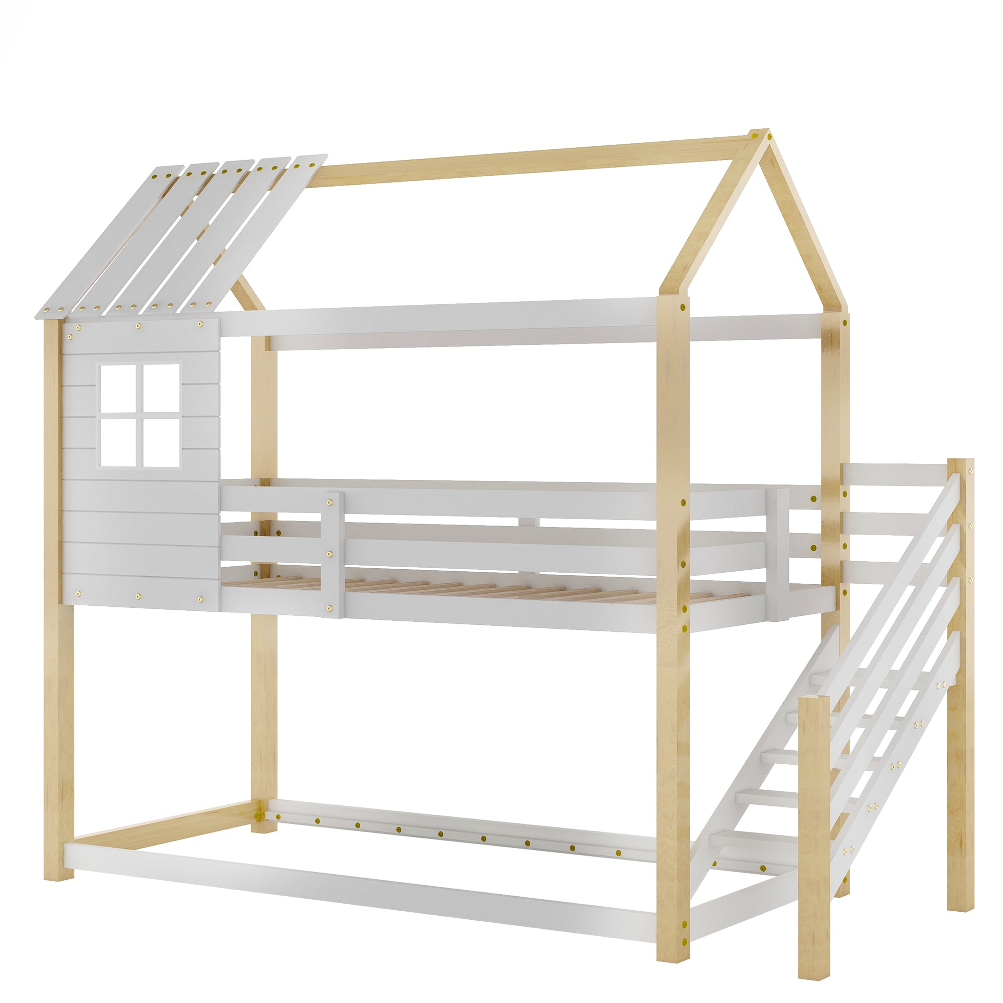 Etagenbett, Bett mit Ecktreppe, Hausbett, Kinderbett mit Fallschutz und Gitter, mit Fenster, Rahmen aus Kiefer, weiß (200x90cm)