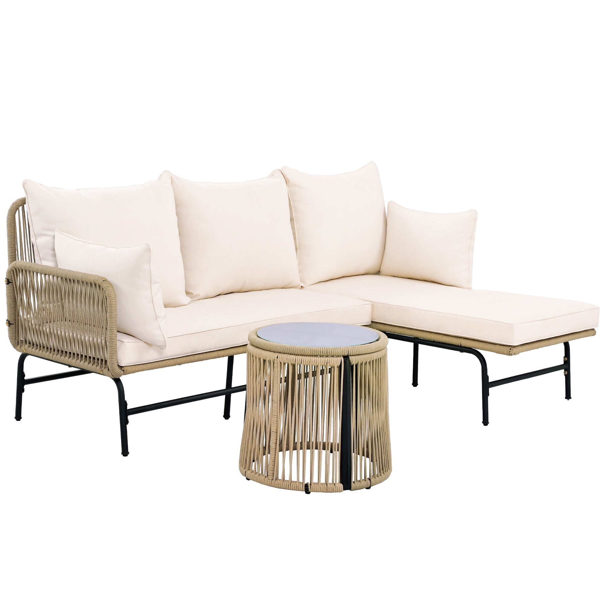 Gartenmöbel-Set, Gartenmöbel aus gewebtem Seil für den Außenbereich, L-förmiges Gesprächsset mit Tisch，Beige