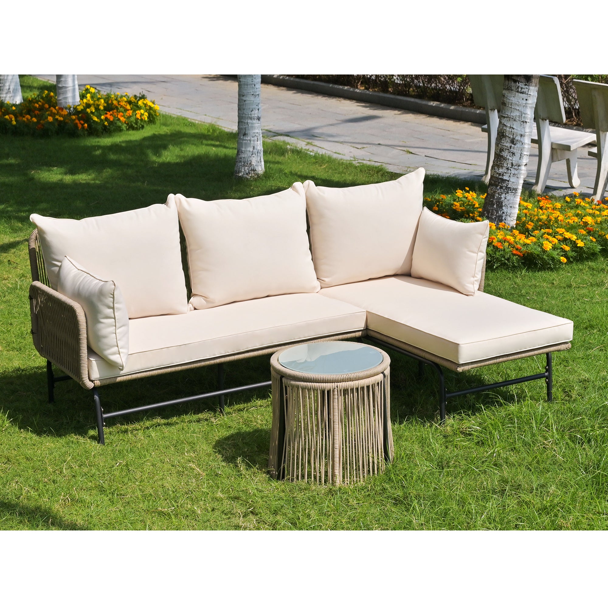 Gartenmöbel-Set, Gartenmöbel aus gewebtem Seil für den Außenbereich, L-förmiges Gesprächsset mit Tisch，Beige