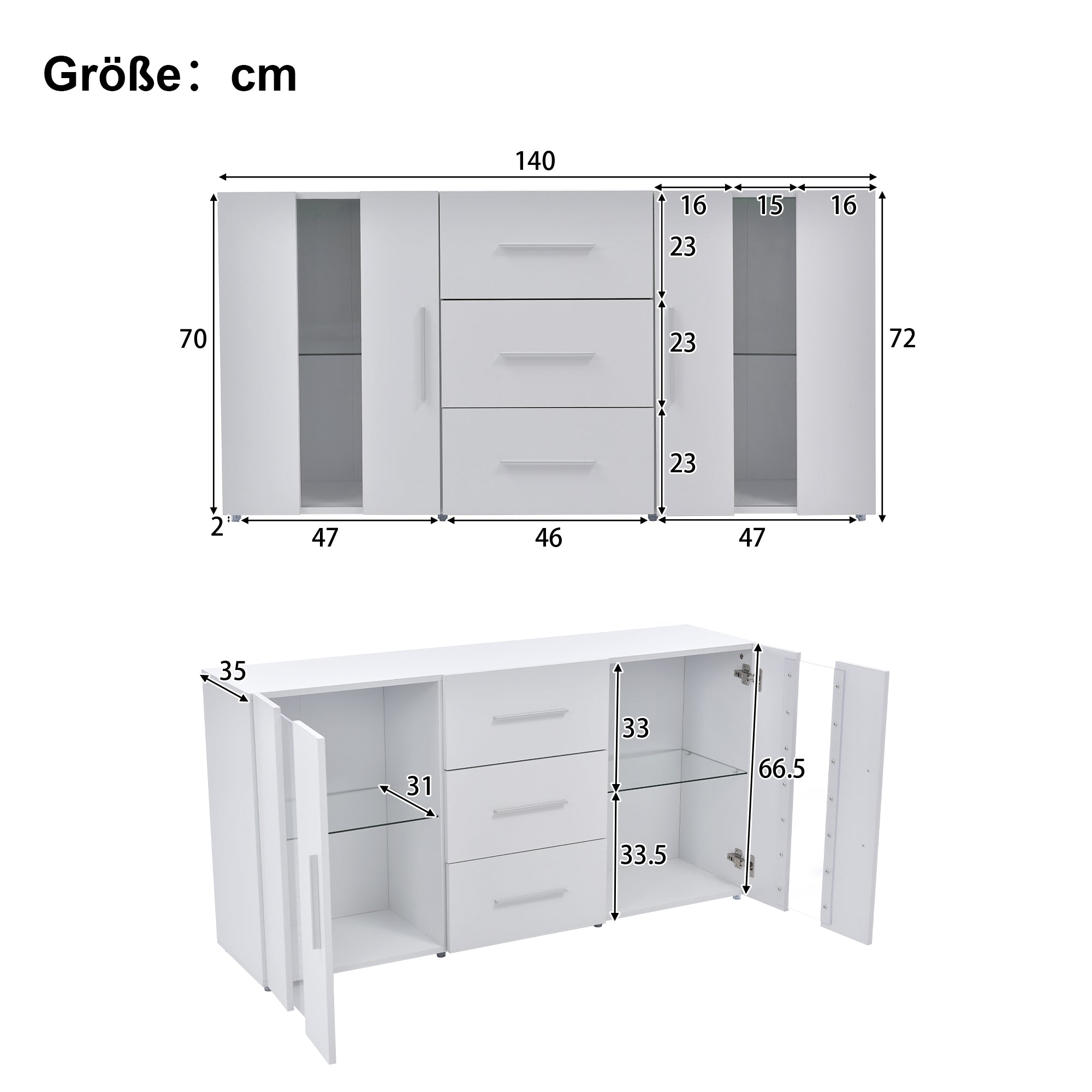 Sideboard Kommode Anrichte Standschrank Lagerung Schrank Schrank Einheit TV-Schrank,Lowboard, mit 16 Farben LED-Leuchten für Esszimmer Wohnzimmer，140*35*70cm