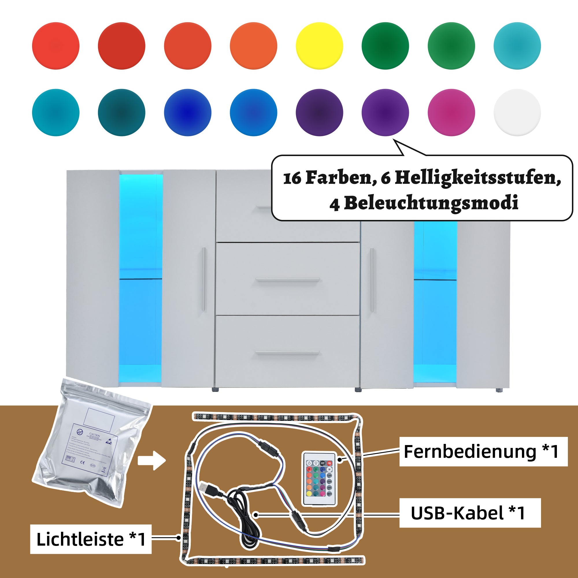 Sideboard Kommode Anrichte Standschrank Lagerung Schrank Schrank Einheit TV-Schrank,Lowboard, mit 16 Farben LED-Leuchten für Esszimmer Wohnzimmer，140*35*70cm