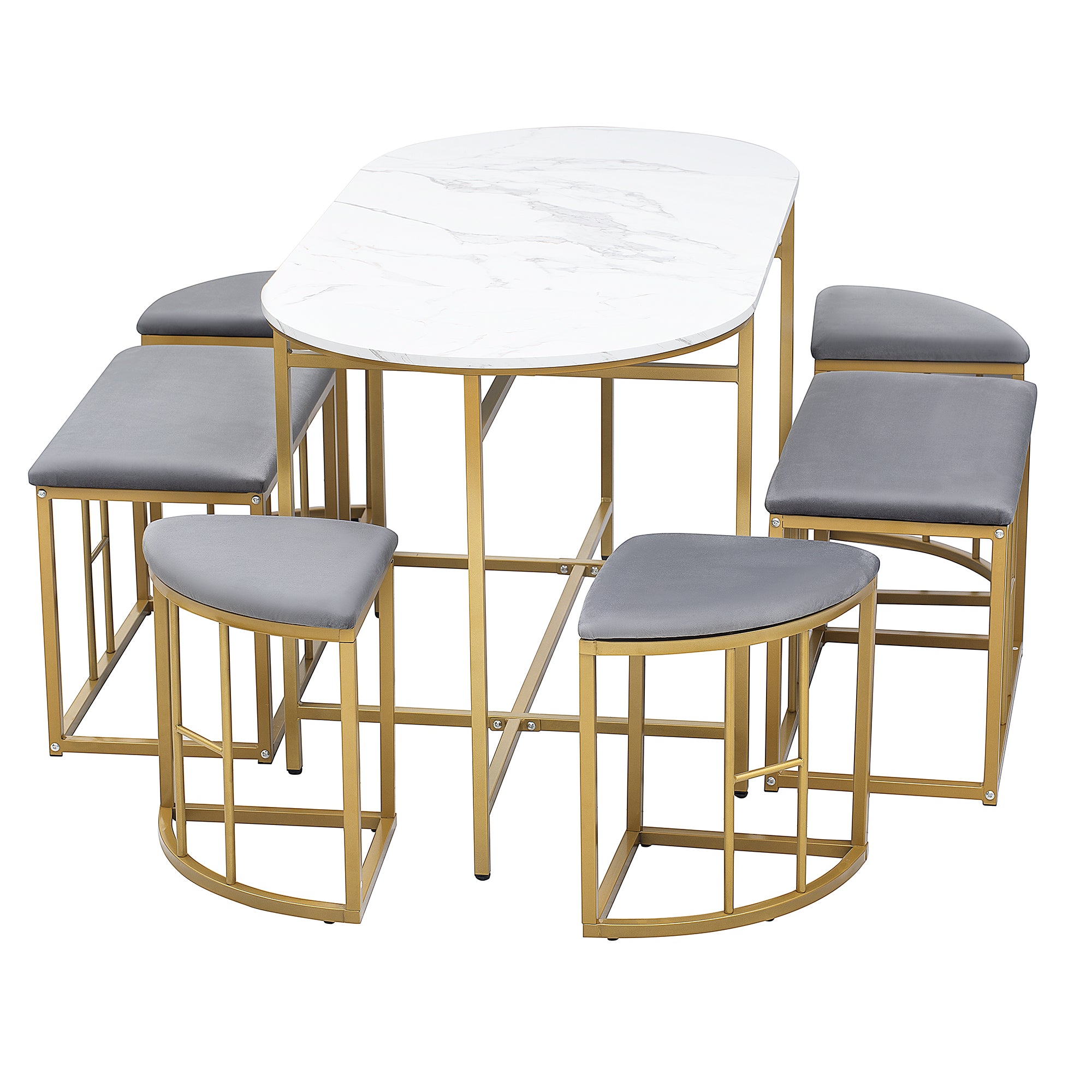 Essgruppe，(Set, mit Esstisch, 4 kleinen Hockers und 2 großen Hockers), Küchen Esstisch Set ausStahlrahmen，Moderner weißer und Gold，140*70*76cm，belastbar 120 kg